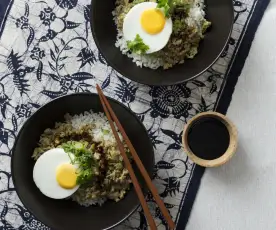 Coconut rice with Asian inspired pork and eggs