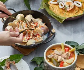 Tom Ga Khai (Thai Coconut Milk Chicken), Steamed Clams With Garlic And Thai Curry Fish Custard