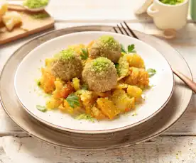 Grünkernknödel mit Wurzelgemüseragout