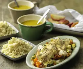 Three-course meal for two: Vegetable soup, Chicken casserole with rice, Steamed apple