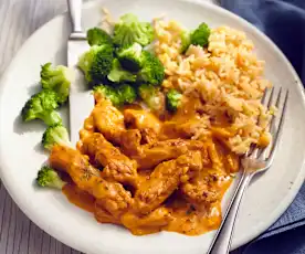 Schweinegeschnetzeltes mit Reis und Brokkoli