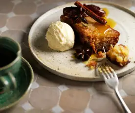 Date, orange and olive oil cake with salted white chocolate ice cream