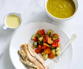 Sopa e salmão com legumes