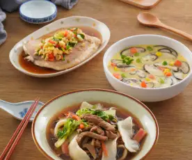 豬肉什錦麵、蔬菜蒸蛋&蒜味鯛魚