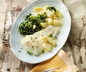 Kabeljau mit Sahnekartoffeln und Blattspinat