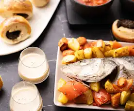 MENU - Winterfeest: rode bieten-groentesoep, champignonbroodjes, in zout gebakken vis en geroosterde groenten, kaneel-eierpunch