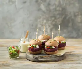Smoky beetroot and black bean sliders with soused cucumber