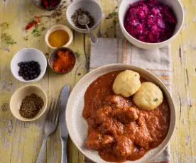 Beef Goulash with Bread Dumplings and Red Cabbage