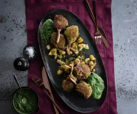 Parmesan-crusted lamb cutlets, creamed spinach and smashed spuds
