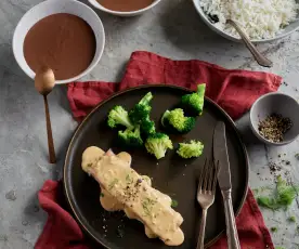 Salmon with Dill Cream Sauce, Broccoli and Basmati Rice; Chocolate Custard