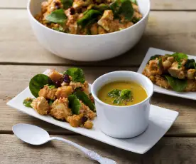 Moroccan chicken and couscous salad with sweet potato soup