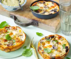 Miniclafoutis d'aubergine, orge perlé et dip de courgette