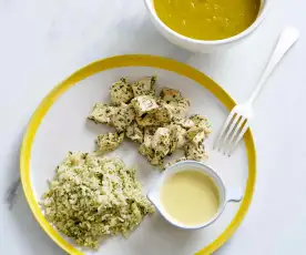 Sopa e frango com arroz