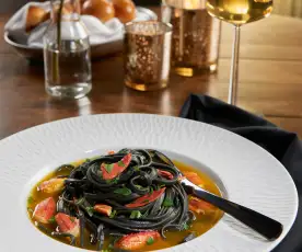 Squid Ink Pappardelle with Lobster and Saffron Broth