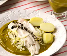 Lubina en papillote con crema de grelos