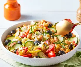 Mediterranean Chopped Salad with Roasted Red Pepper Dressing