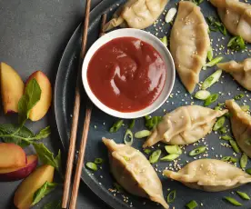 Steamed Duck Dumplings with Sticky Plum Dipping Sauce