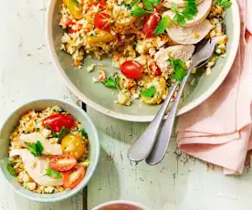 Taboulé de chou-fleur, filets de poulet vapeur