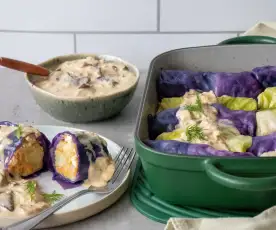 Rainbow cabbage rolls with mushroom sauce
