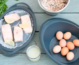 Prep-ahead layered chicken, eggs and salmon