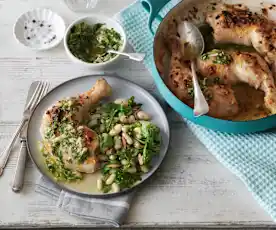 Gebackenes Kräuterhähnchen mit Bohnen-Rucolapesto-Salat