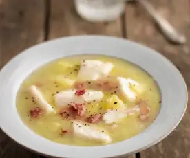 Cod Soup with Crispy Bacon and Leeks