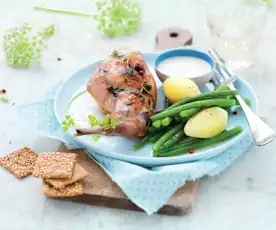 Lapin sauce à l'ail nouveau et haricots verts