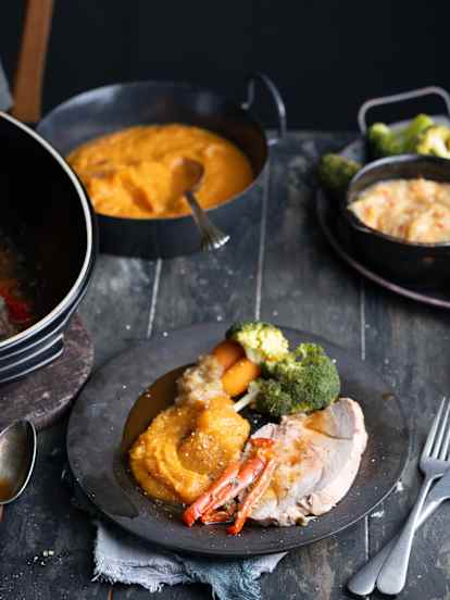 Maiale arrosto con verdure e purè di patate dolci