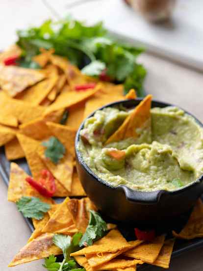 Soft Carrot Tortilla Chips with Guacamole
