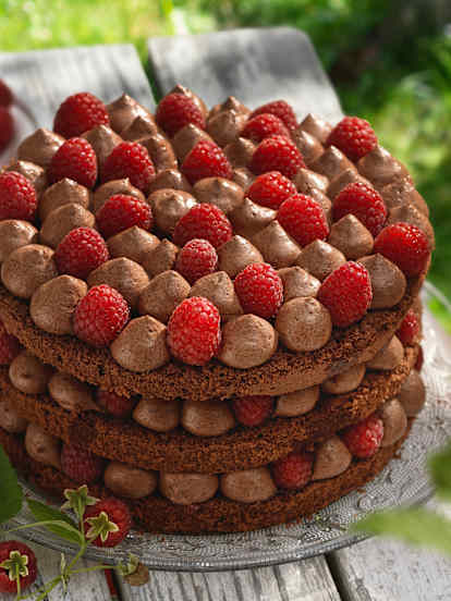 Naked Cake mit Himbeeren und Ganache