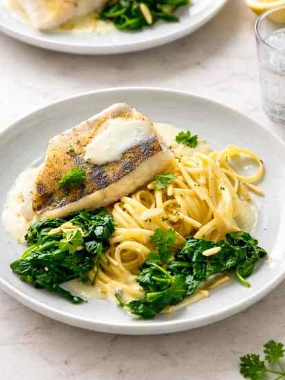 Snoekbaars met Spinazie, Linguine en Beurre Blanc Saus