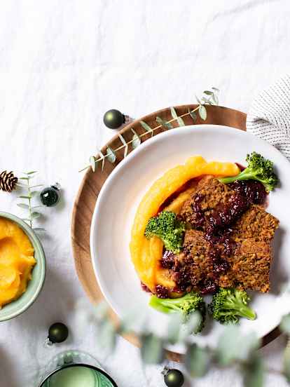 Terrina de legumbre con brócoli y puré de batata