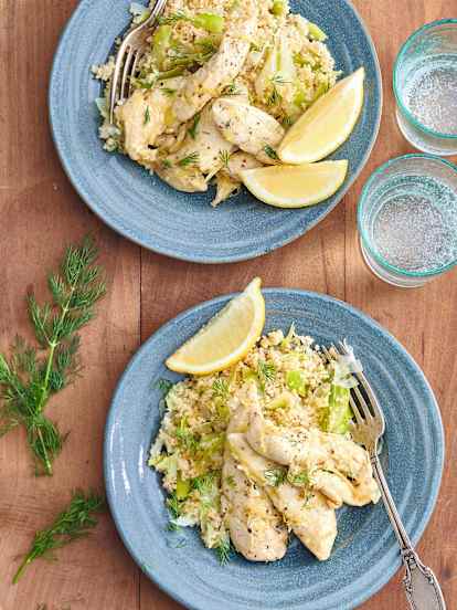 Poulet au citron et zaatar, boulgour au poireau