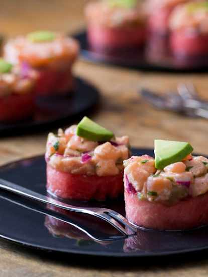 Watermelon and salmon ceviche stack