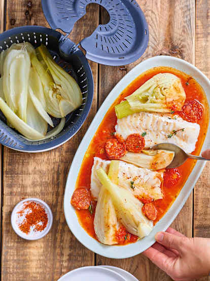 Cabillaud au chorizo, tomates et fenouil
