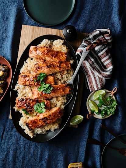 Swicy salmon with miso coconut rice and Brussels sprouts