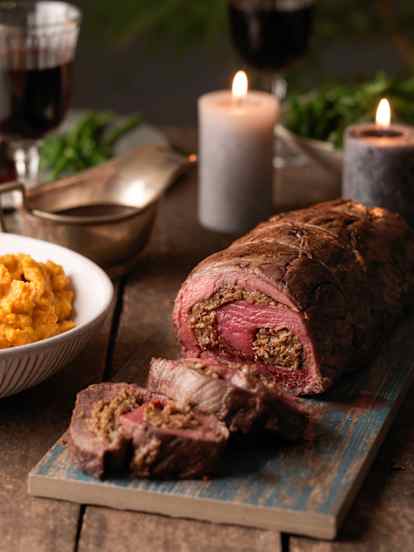 Fillet of Beef with Porcini Parmesan Stuffing and Red Wine Gravy