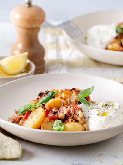 Ovenschotel met Venkelworst en Burrata