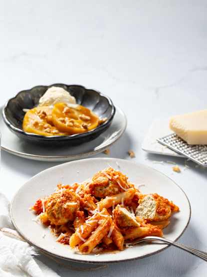 Menu: Pasta met Vleesballetjes in Chorizo Saus, Appelen met Kaneel en Karamel