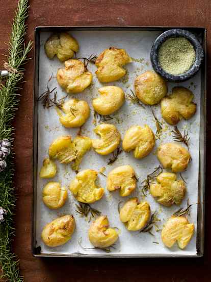 Smashed roasted potatoes with rosemary salt