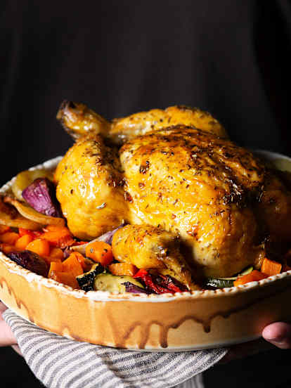 Poulet rôti au cidre et légumes vapeur