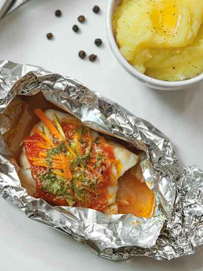 Papillotes de merluza austral con puré de papas