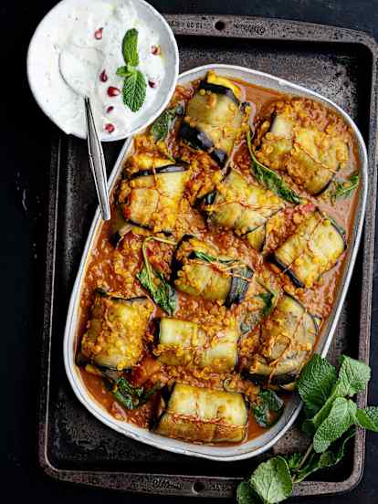 Aubergine Paneer Rolls with Red Lentils and Mint Yoghurt