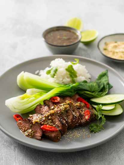 Crying Tiger beef with rice and bok choy