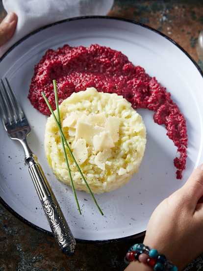 Risotto au poireau et mousse de betterave au chèvre