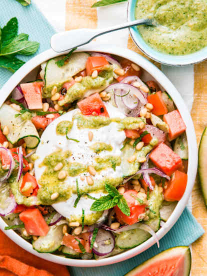 Salade de pastèque, burrata et pesto de menthe