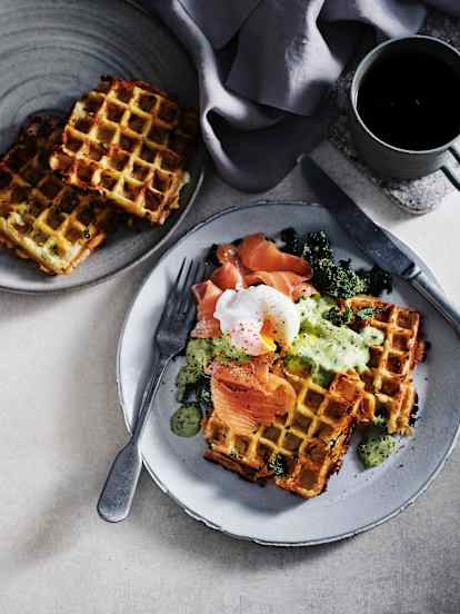 Chunky potato waffles with salmon and crispy kale