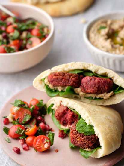 Beetroot Harissa Falafel with Tomato Pomegranate Salad