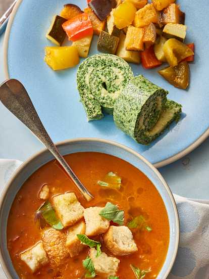 Bread and tomato soup, rolled spinach omelette and steamed ratatouille vegetables