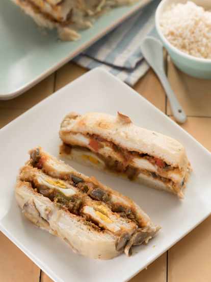 Terrina de pisto con salsa de champiñones